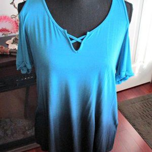Cold Shoulder Tee w/Criss/Cross Neckline-Ombre Blue-Large